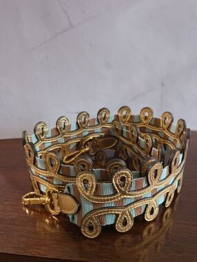 Fendi Strap You Decorative Gold-Trimmed Teal Ribbon Shoulder Strap